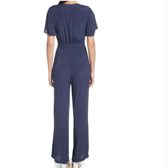 Leith Womens Tie Front Jumpsuit Small Navy Blue White Polka Dot Short Sleeve - Picture 3 of 9